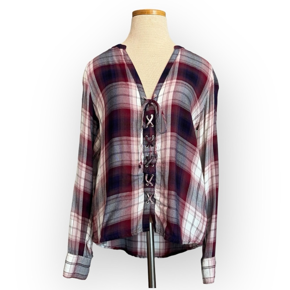 Express Plaid Lace Up Top